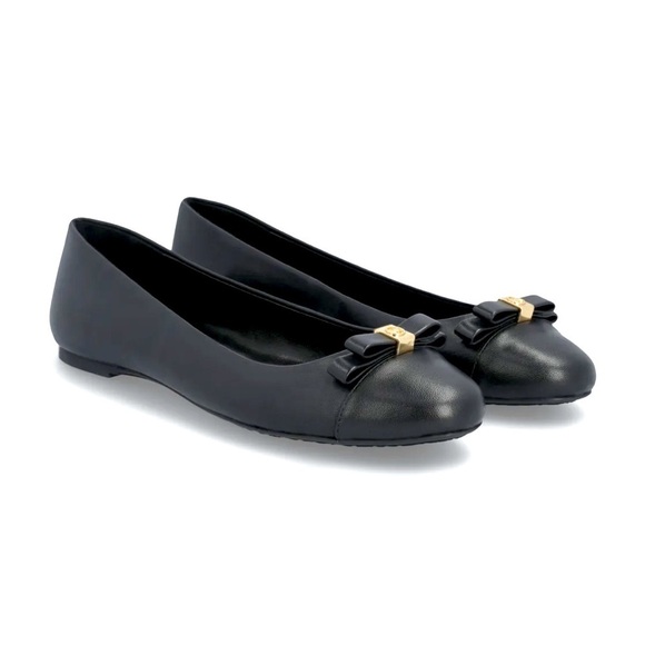 Michael Kors - Andrea Black Leather Round Toe Black Bow Gold MK Ballet Flats 7 - Picture 1 of 15